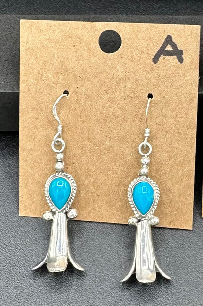 Handcrafted Native American Squash Blossom Sterling Silver Turquoise Earrings.