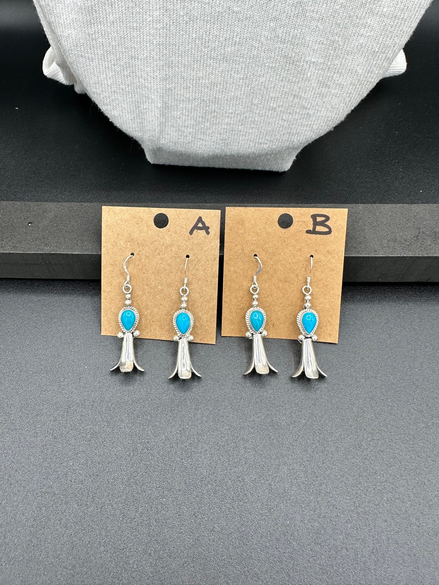 Handcrafted Native American Squash Blossom Sterling Silver Turquoise Earrings.