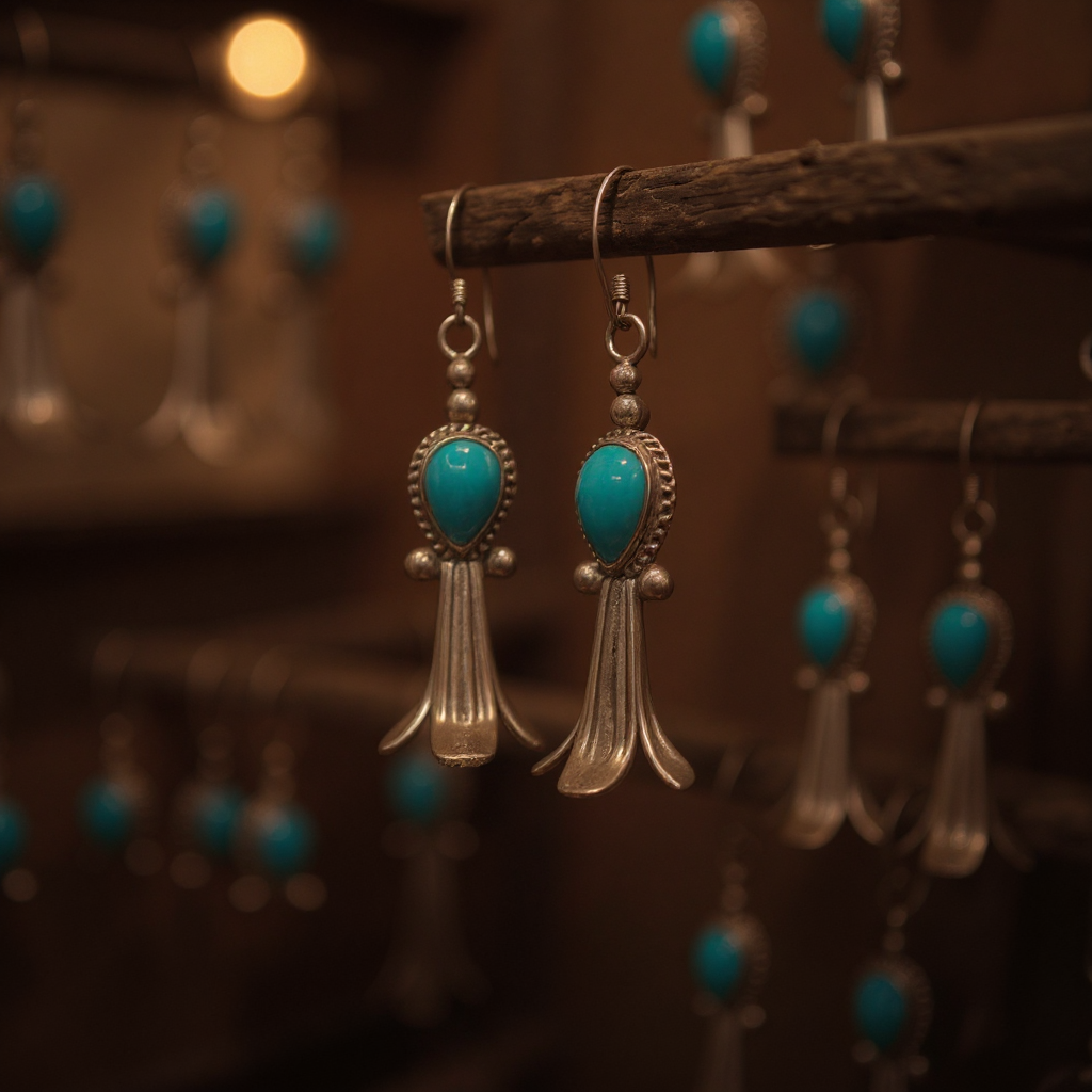 Handcrafted Native American Squash Blossom Sterling Silver Turquoise Earrings.