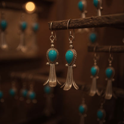 Handcrafted Native American Squash Blossom Sterling Silver Turquoise Earrings.
