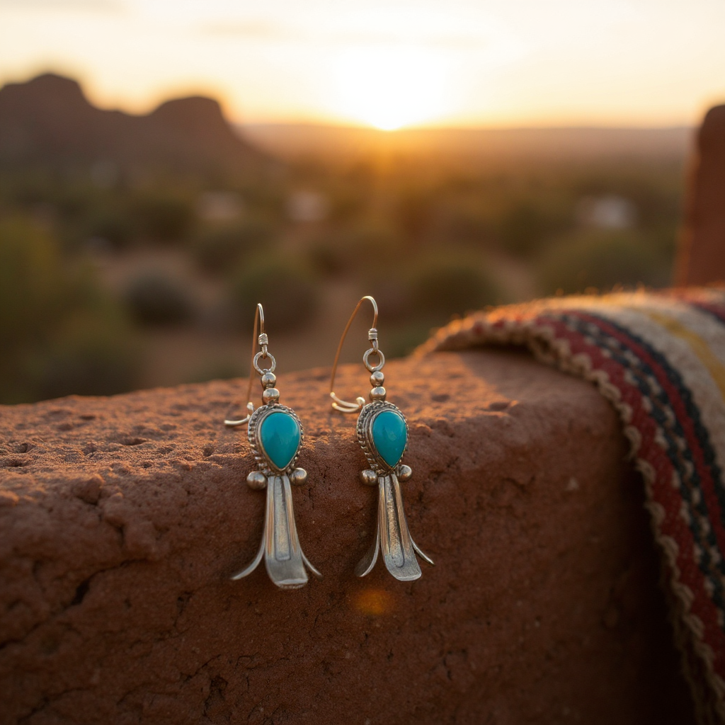 Handcrafted Native American Squash Blossom Sterling Silver Turquoise Earrings.