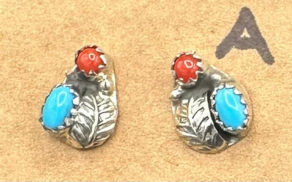 Handcrafted Navajo Sterling Silver Coral Turquoise Stud Earrings