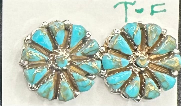 Handcrafted Native American Zuni Sterling Silver Turquoise Stud Earrings
