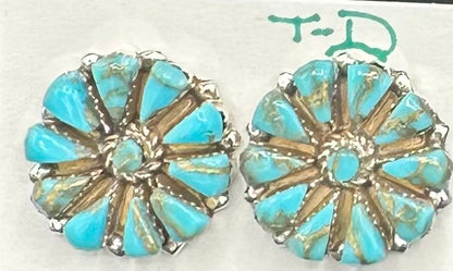 Handcrafted Native American Zuni Sterling Silver Turquoise Stud Earrings
