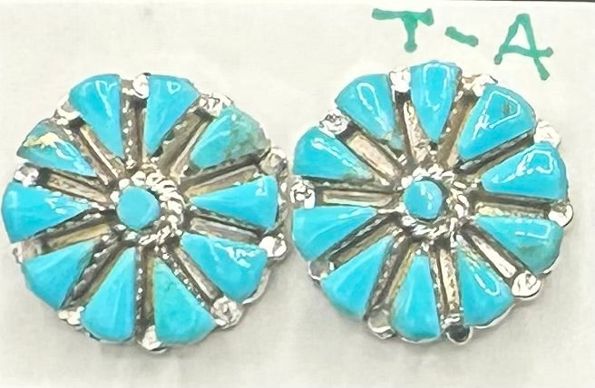 Handcrafted Native American Zuni Sterling Silver Turquoise Stud Earrings
