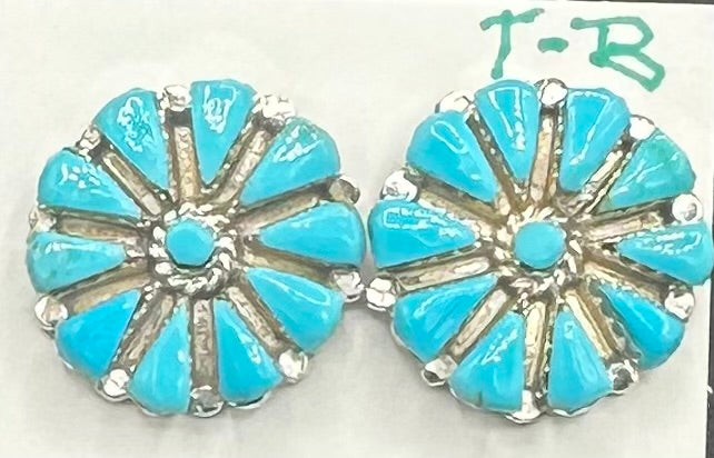 Handcrafted Native American Zuni Sterling Silver Turquoise Stud Earrings