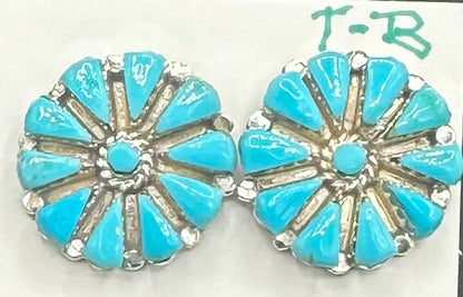 Handcrafted Native American Zuni Sterling Silver Turquoise Stud Earrings