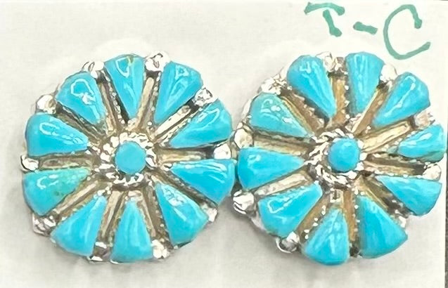 Handcrafted Native American Zuni Sterling Silver Turquoise Stud Earrings