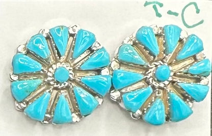 Handcrafted Native American Zuni Sterling Silver Turquoise Stud Earrings