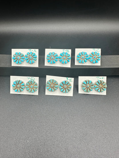 Handcrafted Native American Zuni Sterling Silver Turquoise Stud Earrings