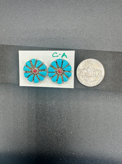 Handcrafted Native American Zuni Sterling Silver Turquoise Stud Earrings