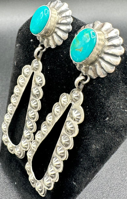 Large Dangle Earrings - Sterling Silver and Turquoise - Handmade Native American - Pansy Johnson
