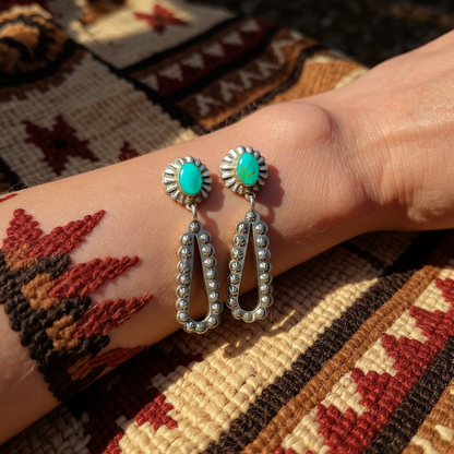 Large Dangle Earrings - Sterling Silver and Turquoise - Handmade Native American - Pansy Johnson