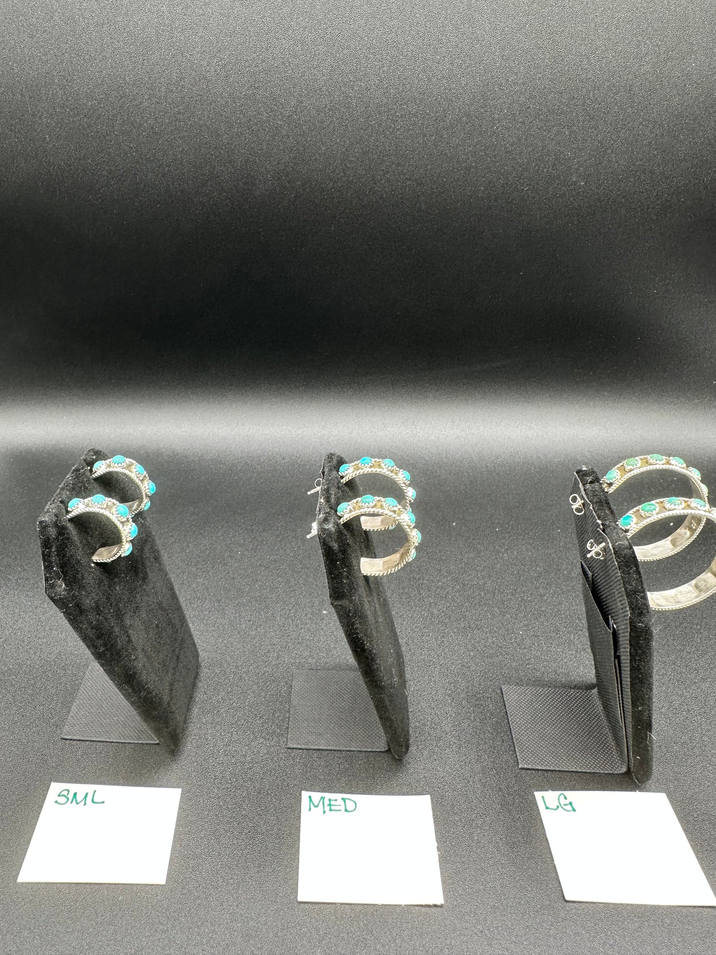 Handcrafted Native American Sterling Silver and Dot Turquoise Hoop Earrings.