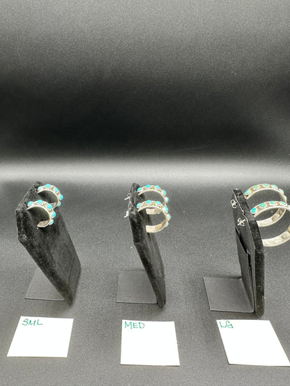 Handcrafted Native American Sterling Silver and Dot Turquoise Hoop Earrings.