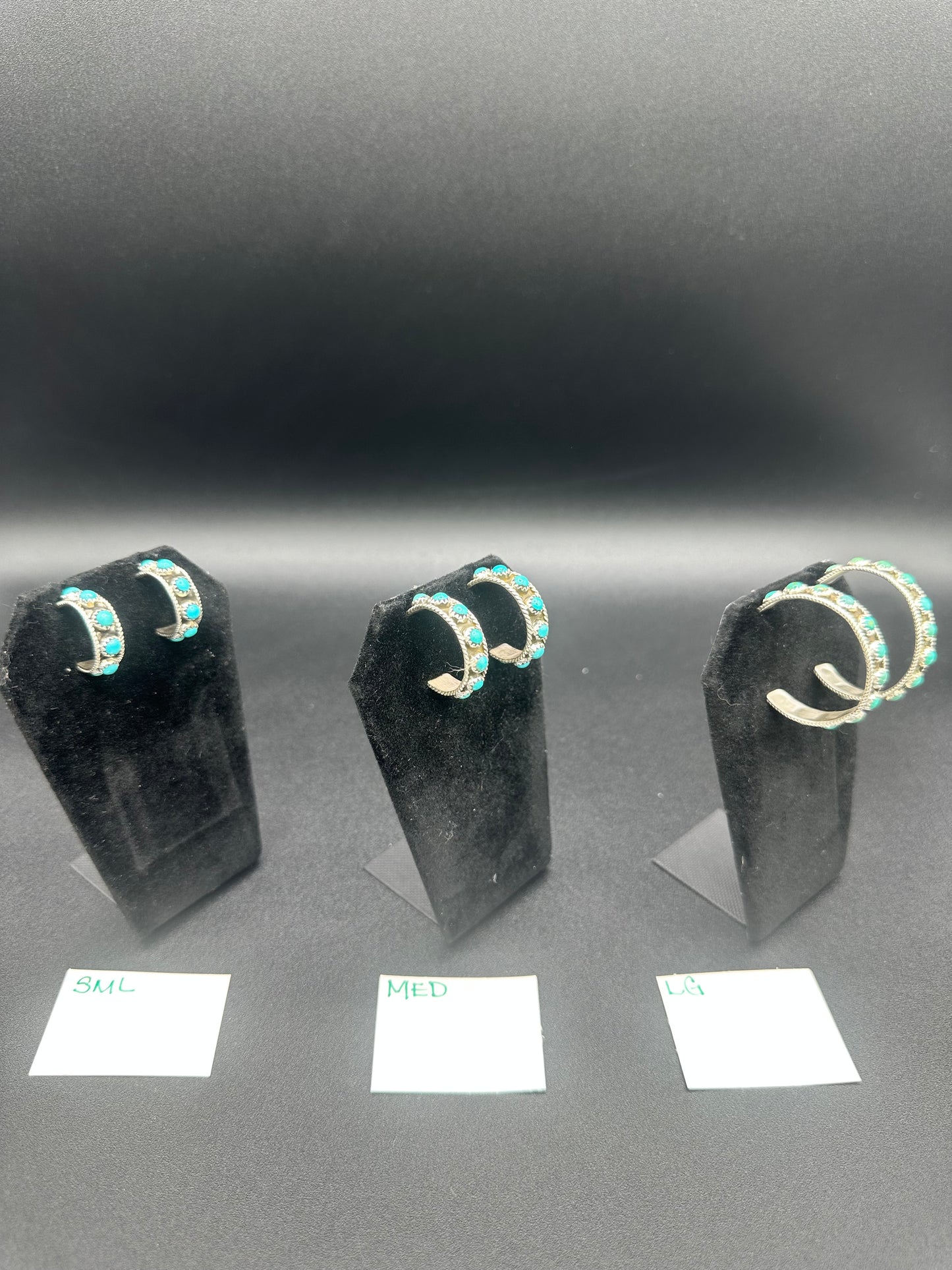 Handcrafted Native American Sterling Silver and Dot Turquoise Hoop Earrings.