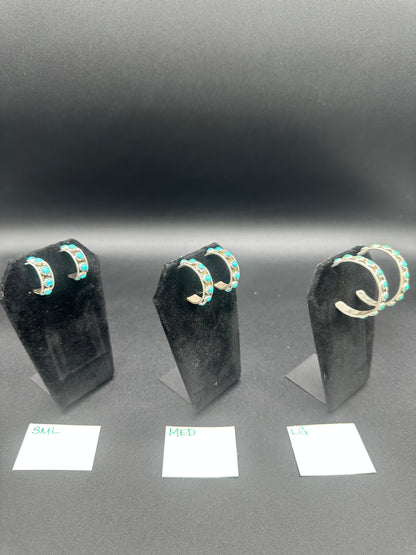 Handcrafted Native American Sterling Silver and Dot Turquoise Hoop Earrings.