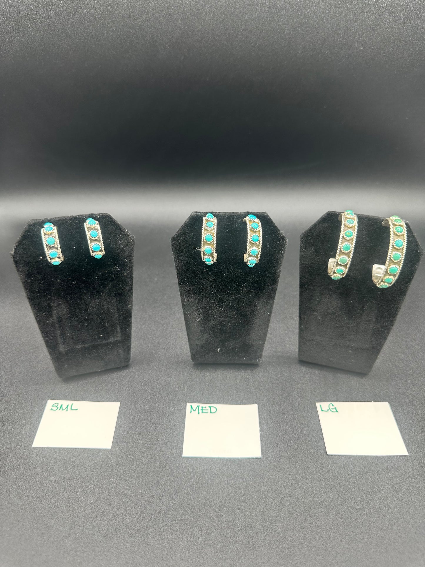 Handcrafted Native American Sterling Silver and Dot Turquoise Hoop Earrings.