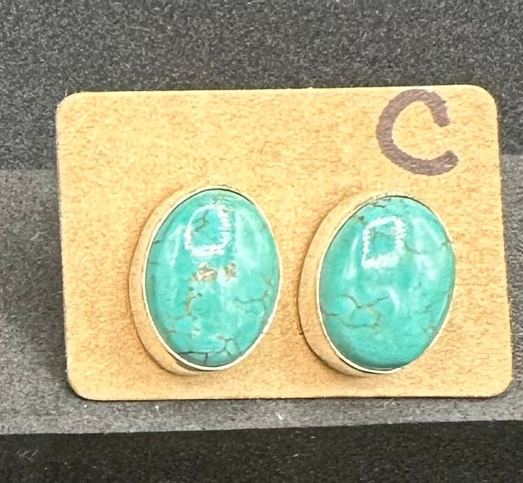 Handcrafted Native American Sterling Silver and Turquoise Oval Stud Earrings