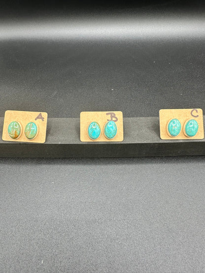 Handcrafted Native American Sterling Silver and Turquoise Oval Stud Earrings