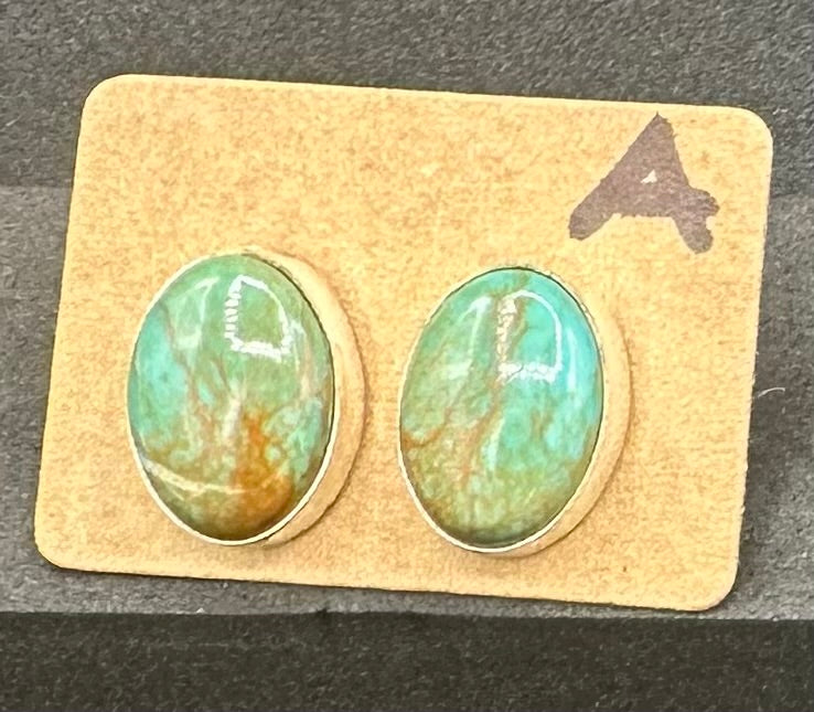 Handcrafted Native American Sterling Silver and Turquoise Oval Stud Earrings