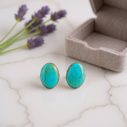 Handcrafted Native American Sterling Silver and Turquoise Oval Stud Earrings