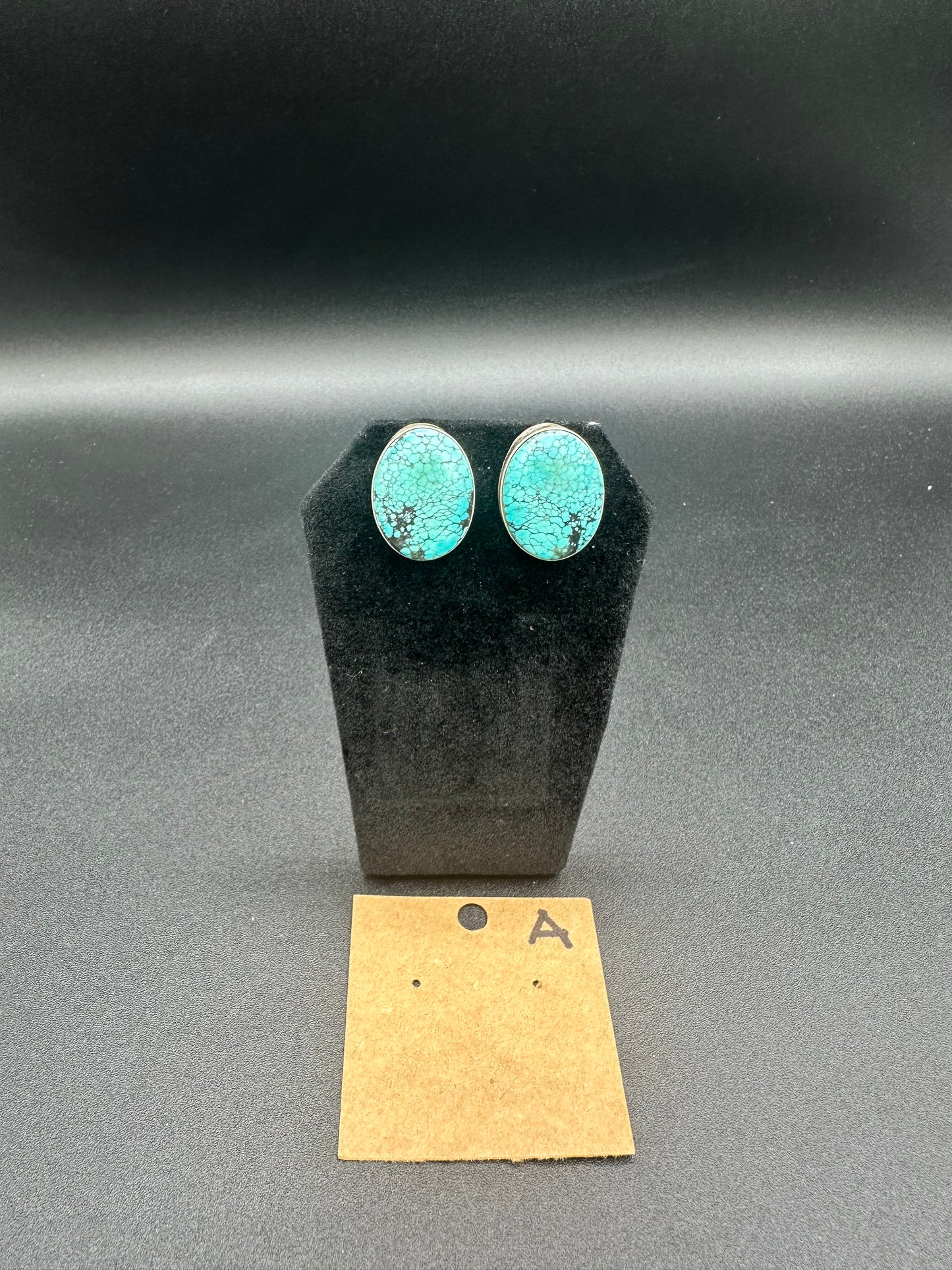 Native American Sterling Silver and Turquoise Medium Oval Stud Earrings