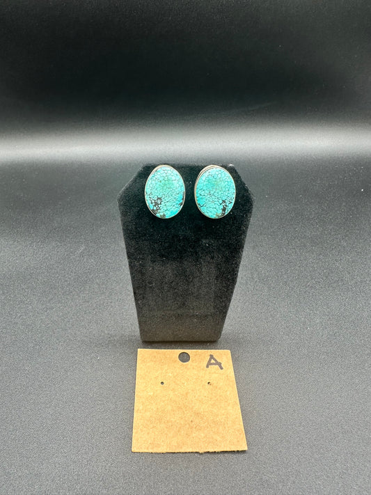 Native American Sterling Silver and Turquoise Medium Oval Stud Earrings
