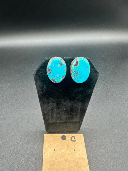 Native American Sterling Silver and Turquoise Medium Oval Stud Earrings