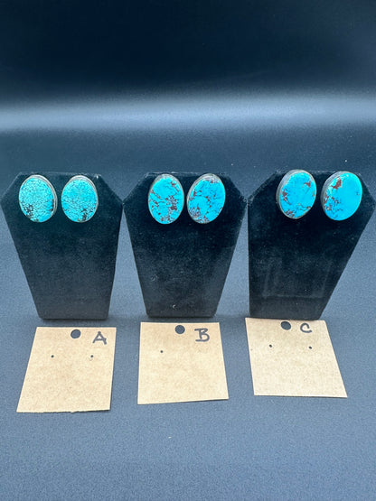 Native American Sterling Silver and Turquoise Medium Oval Stud Earrings