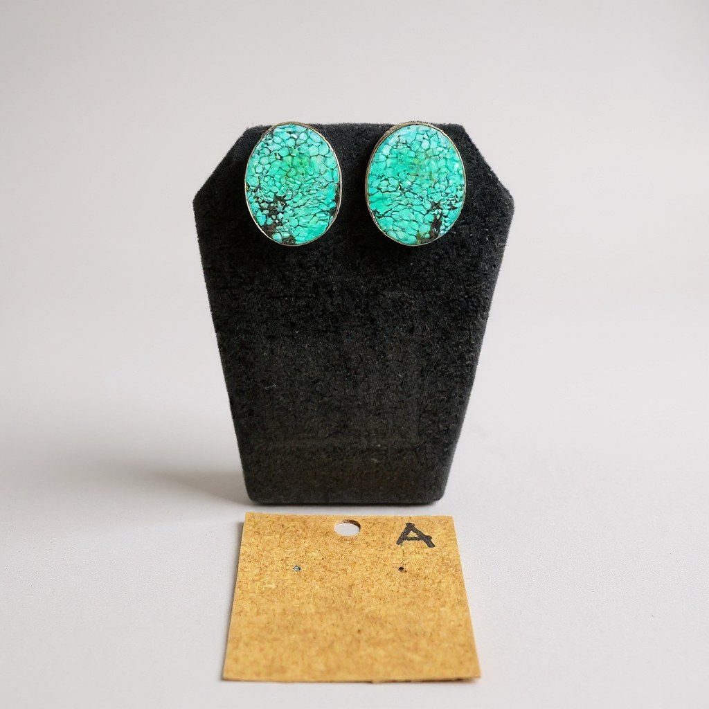Native American Sterling Silver and Turquoise Medium Oval Stud Earrings