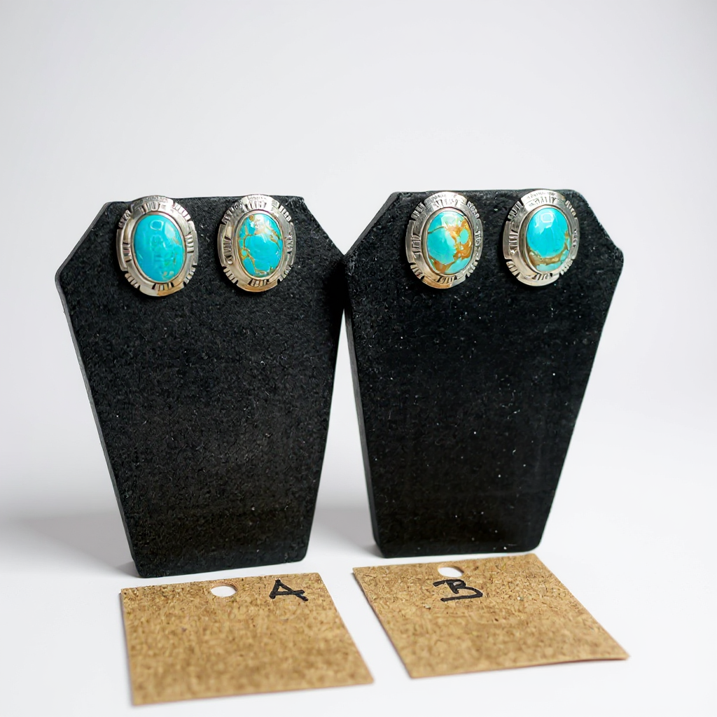 Dave Skeets - Oval Stud Earrings - Sterling Silver & Turquoise - Handmade Native American