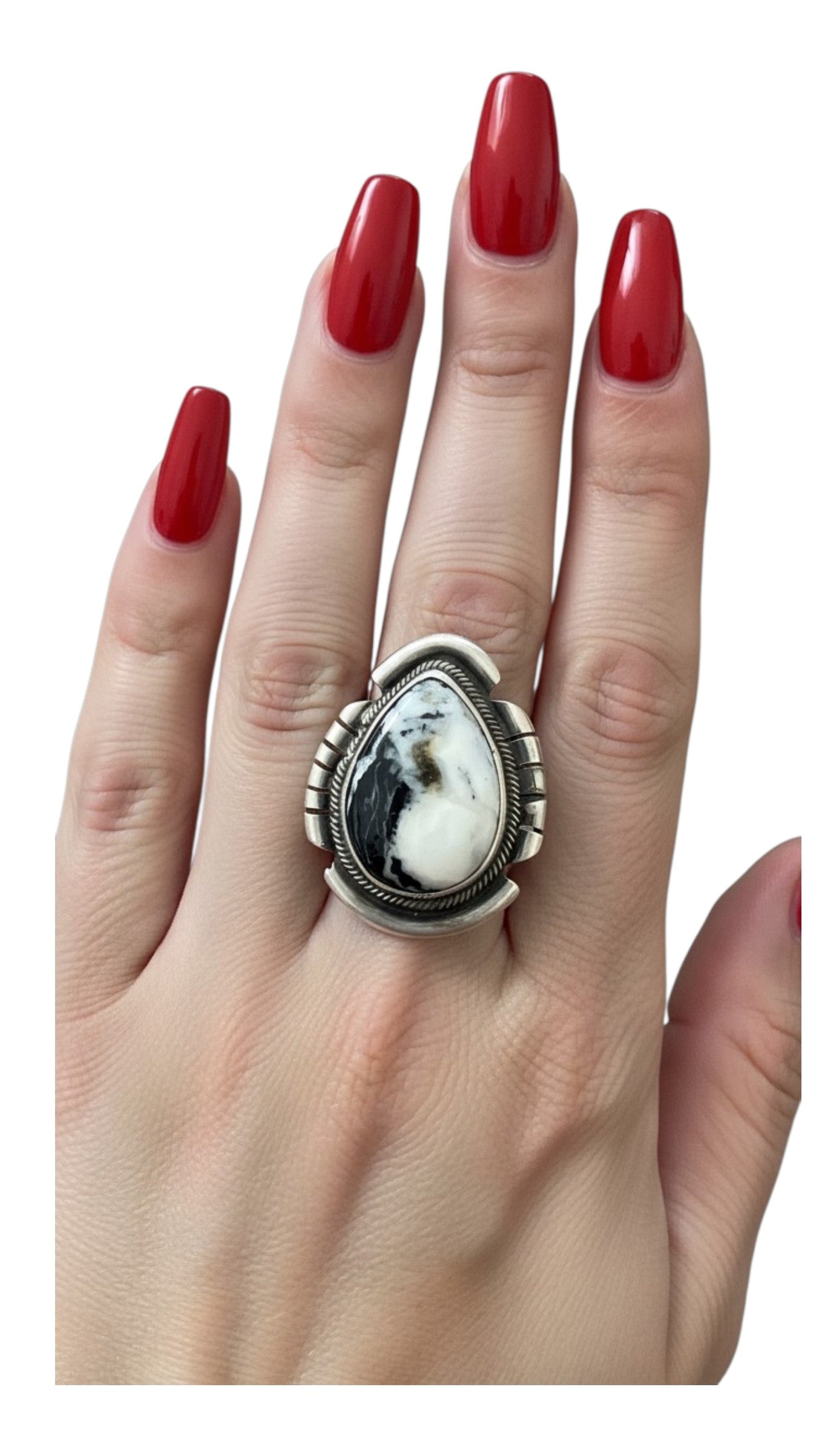 Medium Cabochon Teardrop Ring - Genuine White Buffalo & Sterling Silver - Handmade Native American - Douglas Harrison