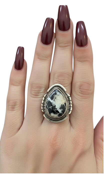 Medium Cabochon Teardrop Ring - Genuine White Buffalo & Sterling Silver - Handmade Native American - Douglas Harrison