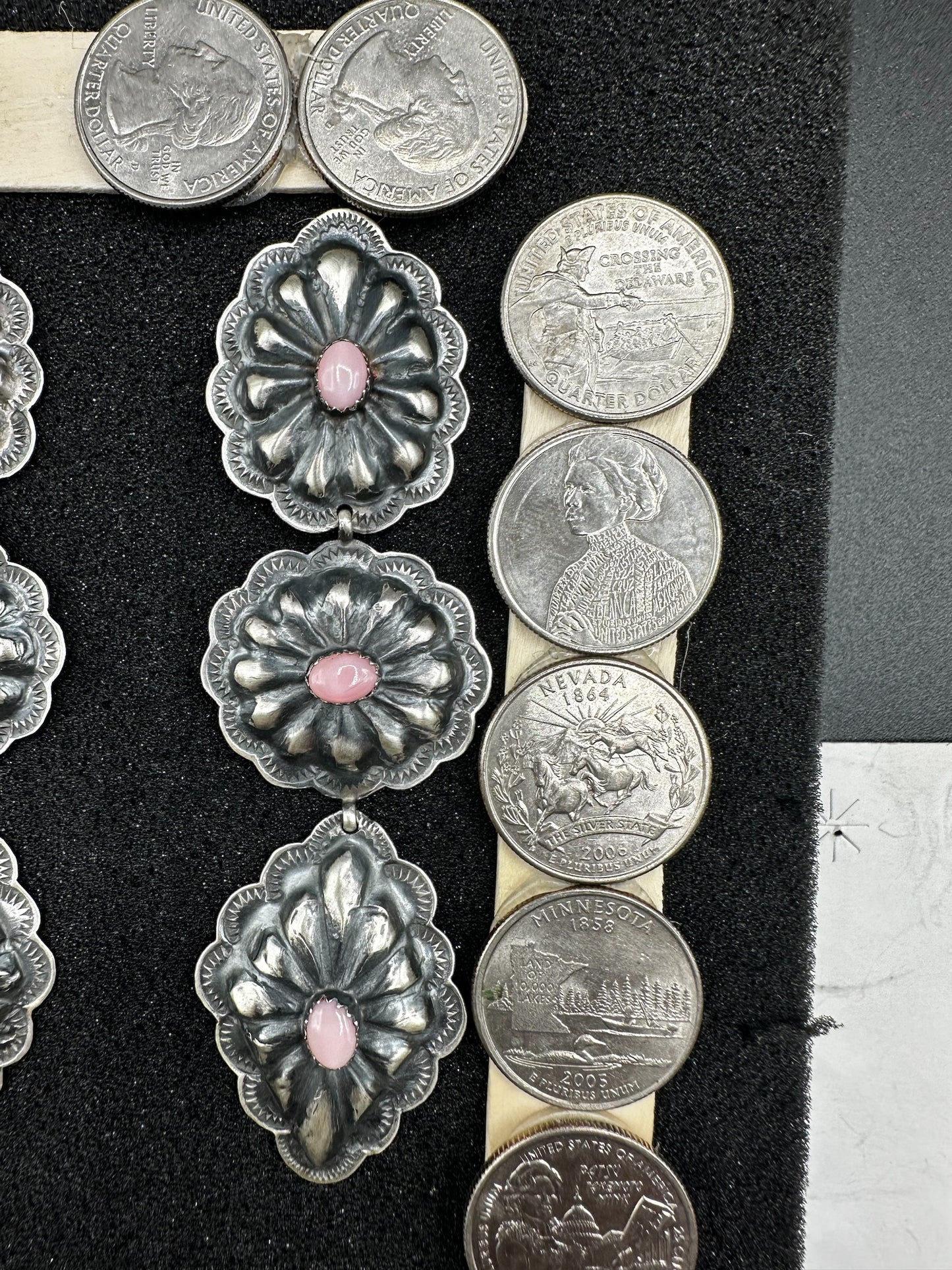 Long Large Concho Drop Earrings - Sterling Silver & Genuine Queen Pink - Handmade Native American by Rita Lee