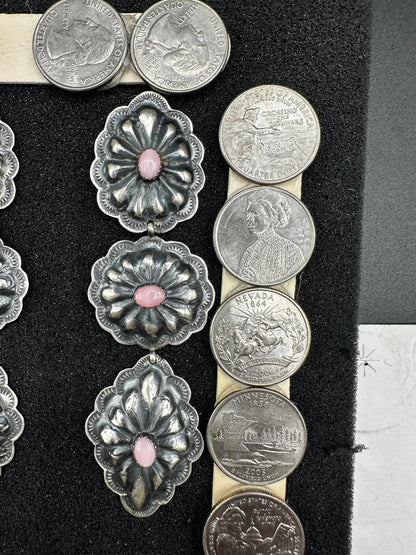 Long Large Concho Drop Earrings - Sterling Silver & Genuine Queen Pink - Handmade Native American by Rita Lee