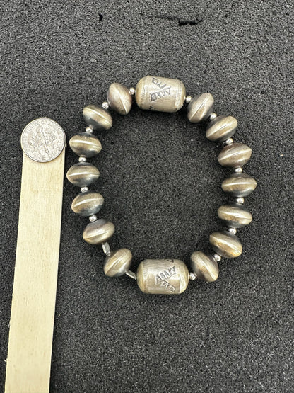 Sharon Cooley - Handmade Pearls & Barrel Bead Stretch Bracelet - Sterling Silver - Handmade Native American