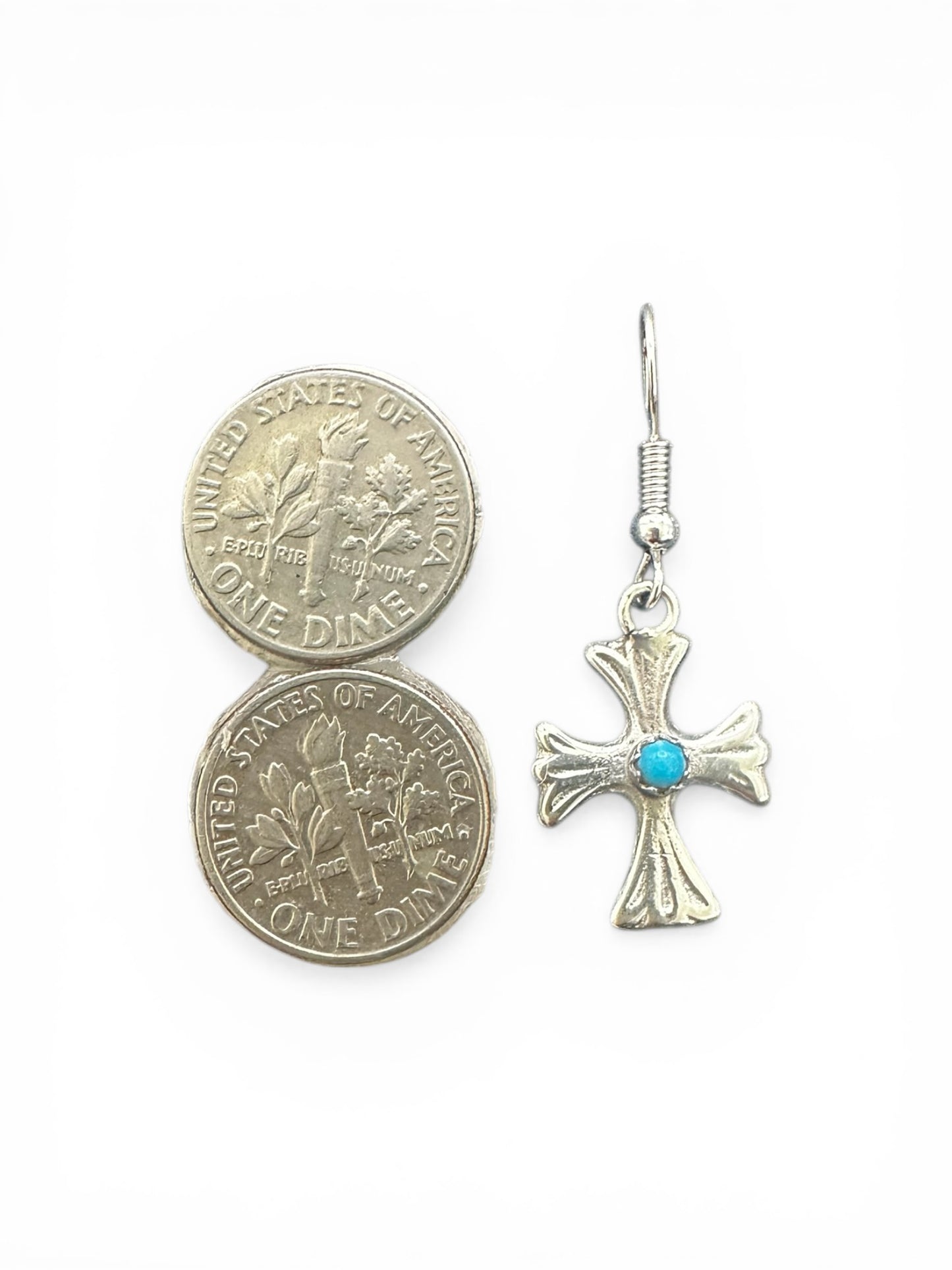 Small Cross Hook Dangle Earrings – Sterling Silver and Genuine Sleeping Beauty Turquoise -  Authentic Native American Handmade - American Sterling Silver - Made in USA