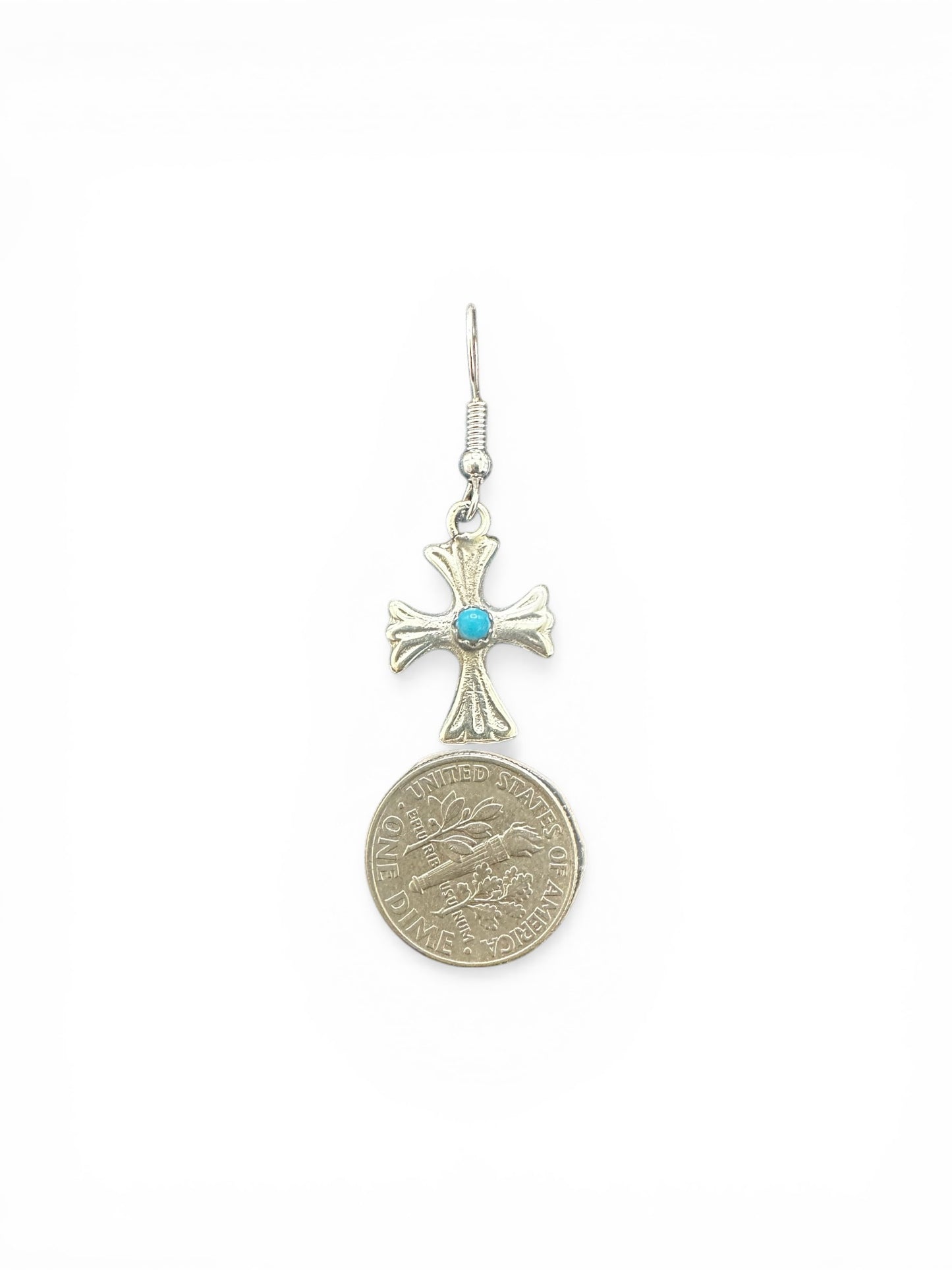 Small Cross Hook Dangle Earrings – Sterling Silver and Genuine Sleeping Beauty Turquoise -  Authentic Native American Handmade - American Sterling Silver - Made in USA