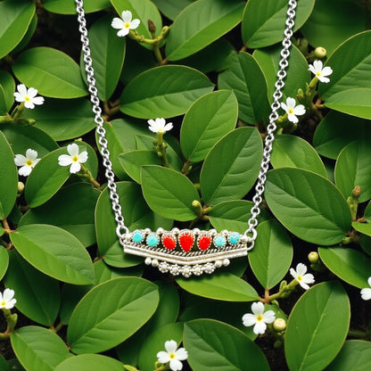 Round Bar - Turquoise/Coral and Sterling Silver Chain Link Necklace - Thomas Jim - Handcrafted Native American