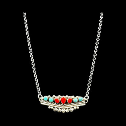 Round Bar - Turquoise/Coral and Sterling Silver Chain Link Necklace - Thomas Jim - Handcrafted Native American
