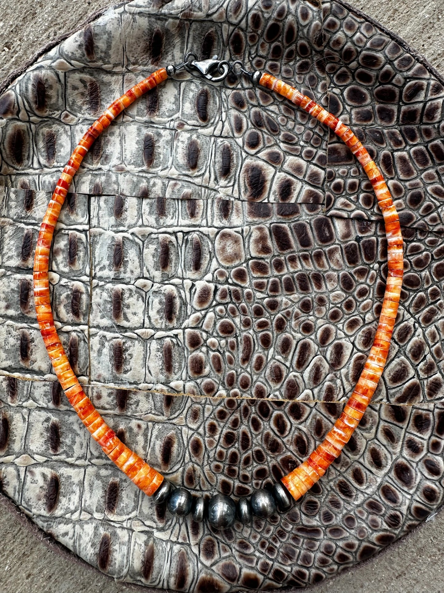 4MM to 8MM Graduated Heishe and Navajo Pearl Necklace - Sterling Silver and Spiny Oyster - Handstrung Native American