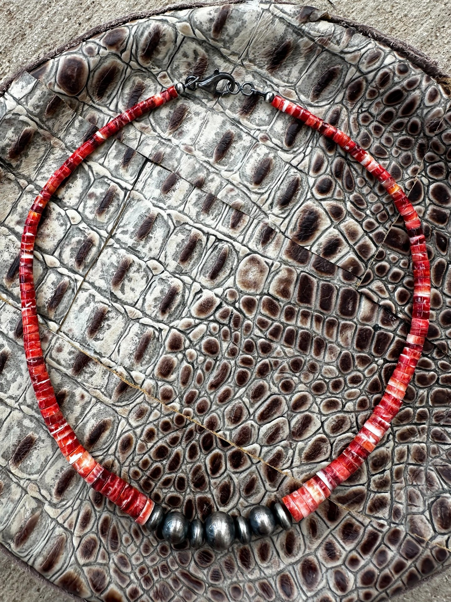 4MM to 8MM Graduated Heishe and Navajo Pearl Necklace - Sterling Silver and Spiny Oyster - Handstrung Native American