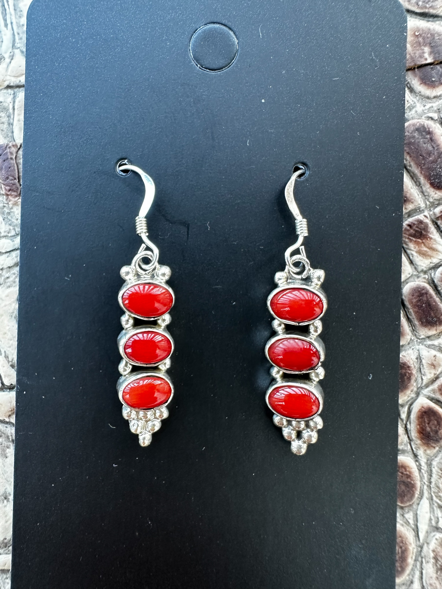 Hook Dangle Earrings - Multi Stone Coral and Sterling Silver - Artisan Collection