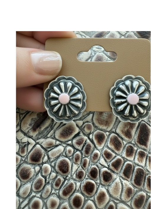 Small Concho Earrings - Sterling Silver and Queen Pink Conch - Artisan Collection