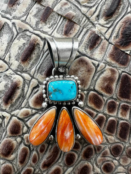 Medium Pendant - Kingman Turquoise and Orange Spiny Oyster - Handmade Native American - R. Livingston