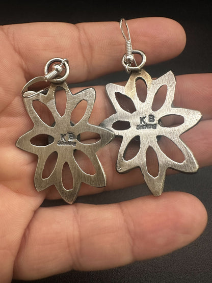 Medium Star Floral Hook Dangle Earrings – Sterling Silver and Genuine Turquoise -  Authentic Native American Handmade – Kevin Billah - Made in USA