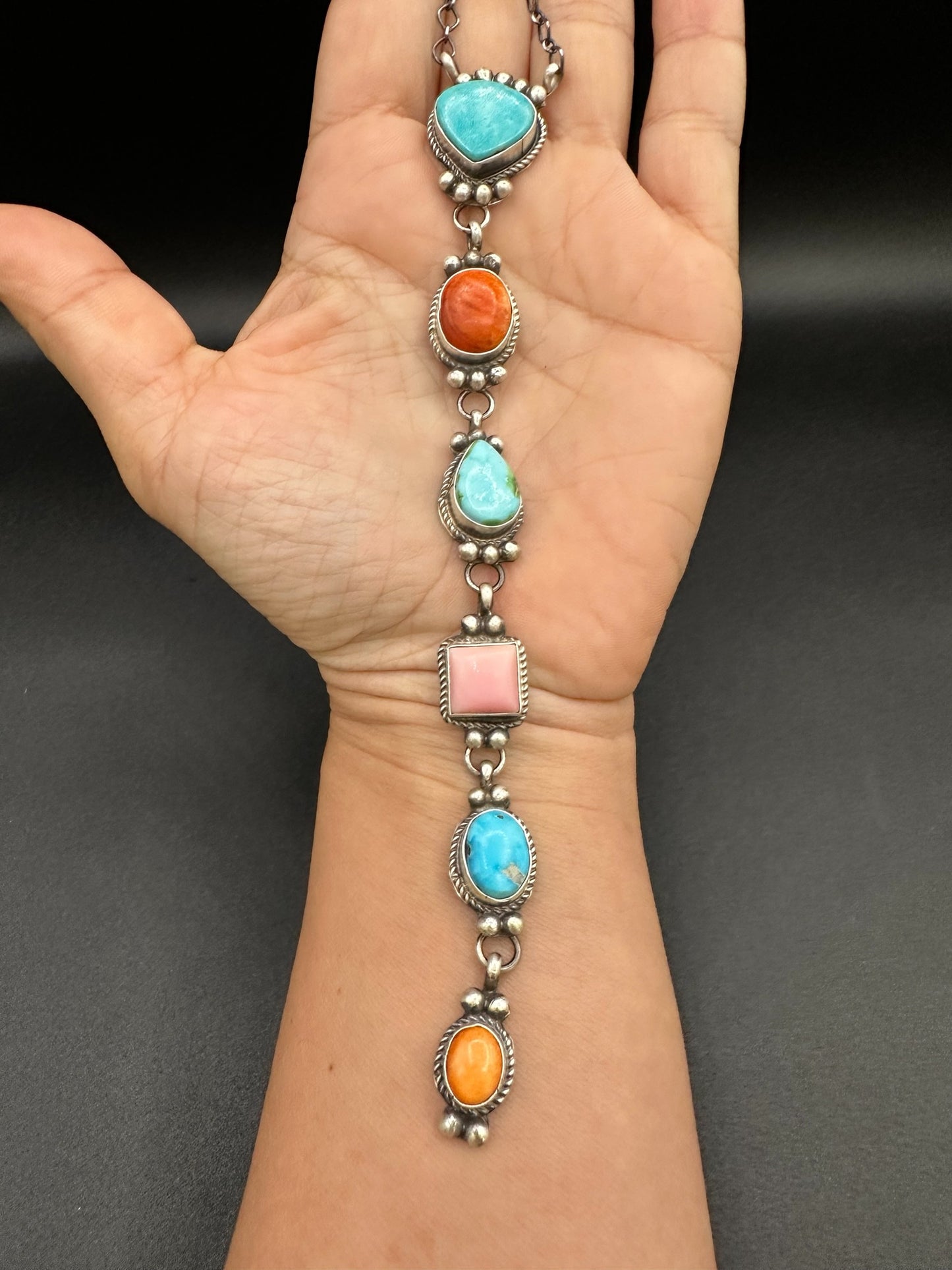 Multi Color & Stone Lariat Necklace – Sterling Silver, Turquoise, Spiny Oyster, Queen Pink Conch -  Authentic Native American Handmade – Harrison Yazzie - Made in USA