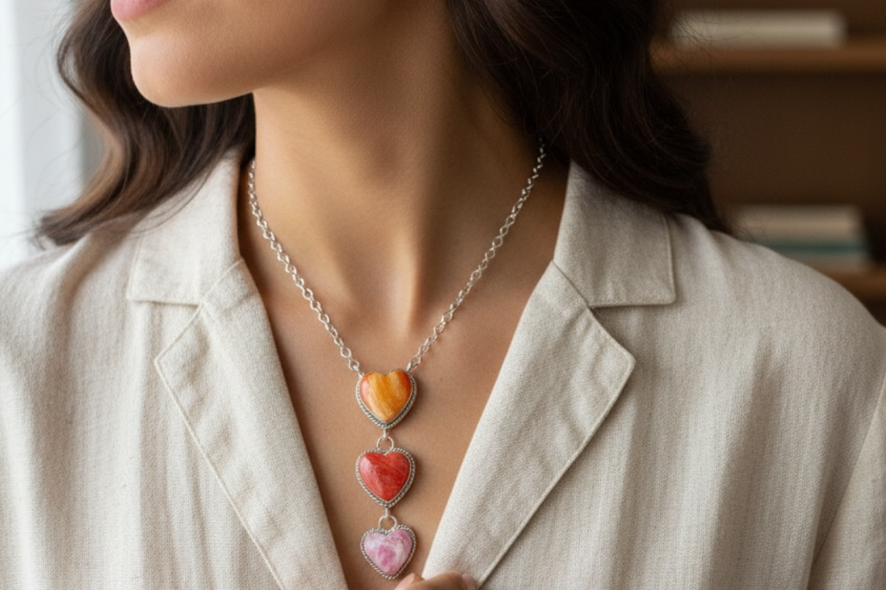 Vicky Hicks - Triple Heart Necklace Pendant - Sterling Silver and Spiny Oyster