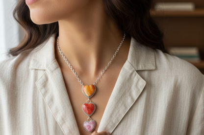 Vicky Hicks - Triple Heart Necklace Pendant - Sterling Silver and Spiny Oyster